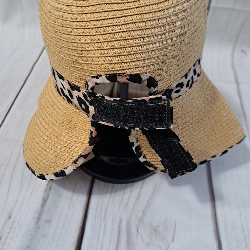 Vince Camuto Packable Tan Wide Brim Hat with Leopard Trim